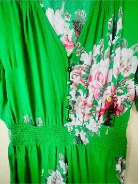 Anthropologie Green Floral Jumpsuit with Button Front